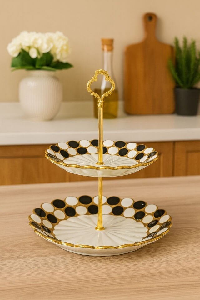 Monochrome Luxe İki Katlı Porselen Sunum Standı