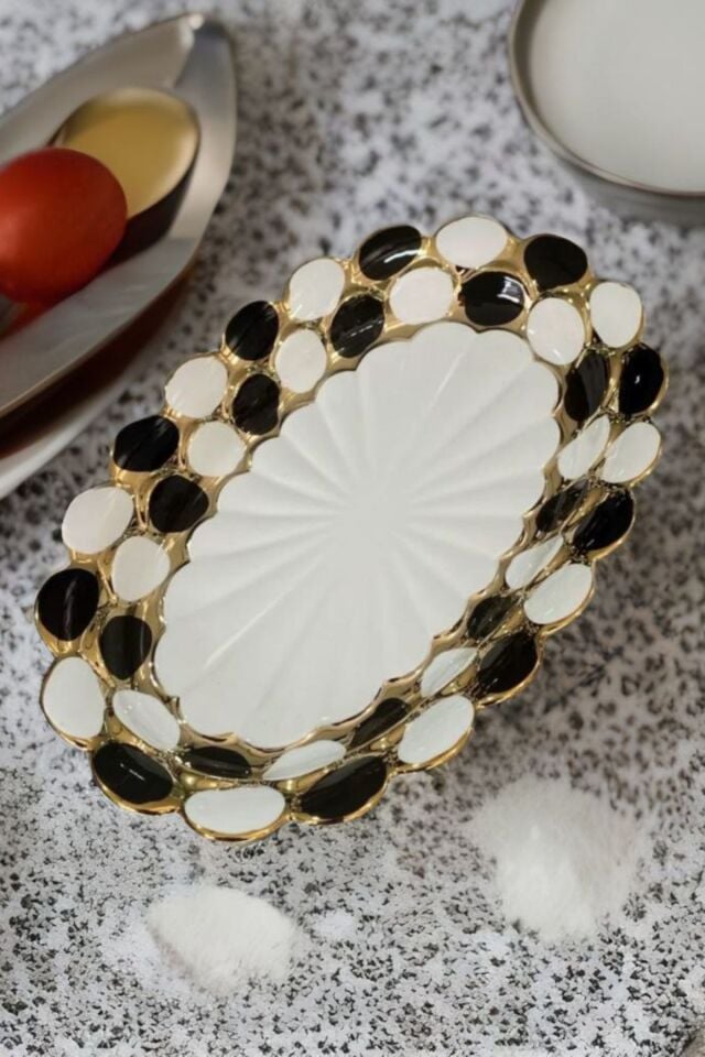 Monochrome Luxe Porselen Dekoratif Oval Tabak