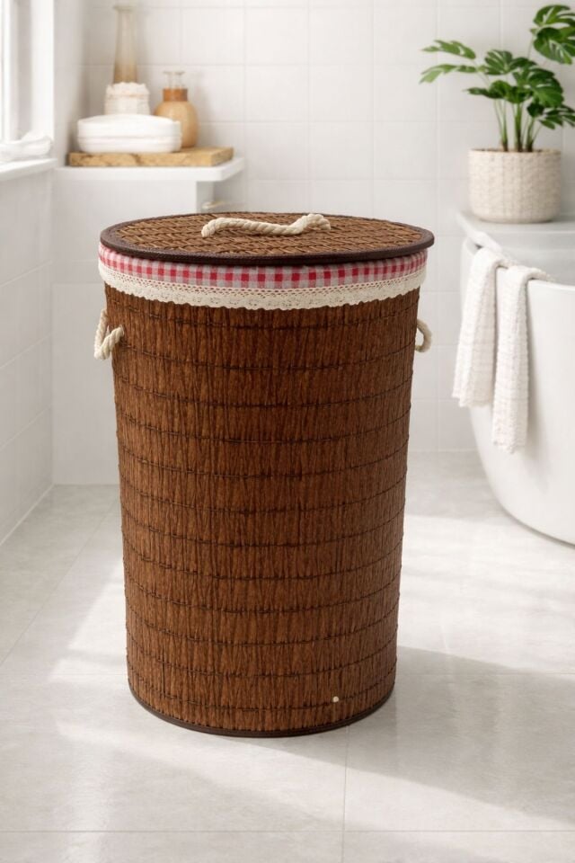 Kapaklı Rattan Görünümlü Çok Amaçlı Çamaşır Sepeti 38x61 cm