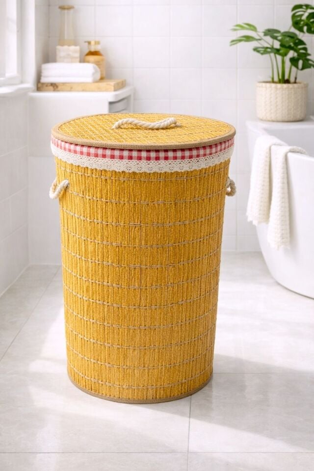 Kapaklı Rattan Görünümlü Çok Amaçlı Çamaşır Sepeti 38x61 cm