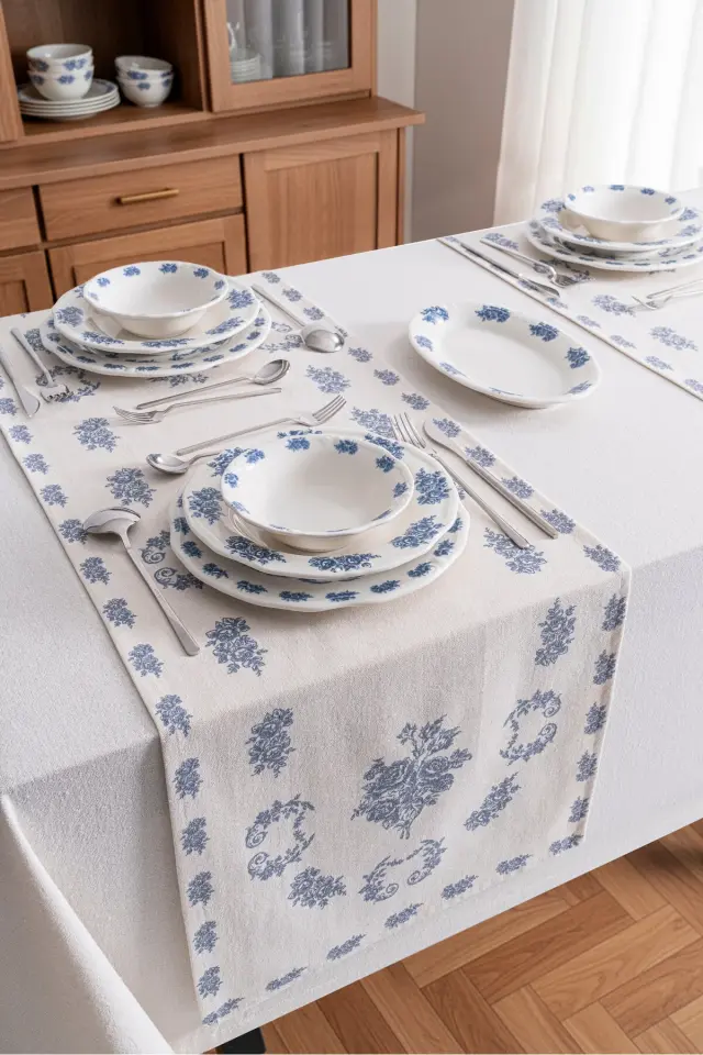 Vintage Blue Desenli Modern Masa Örtüsü Runner - Keten Masa Runner 40x140 cm