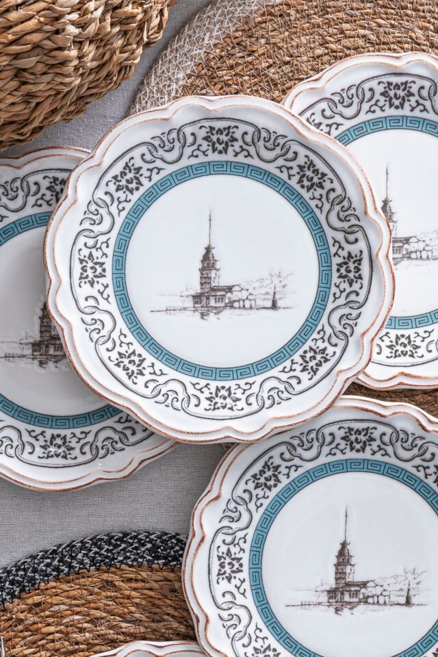 Nostalji 6 kişilik 21 cm Kız Kulesi Desenli Porselen Pasta & Tatlı Tabağı Takımı | İstanbul Motifli
