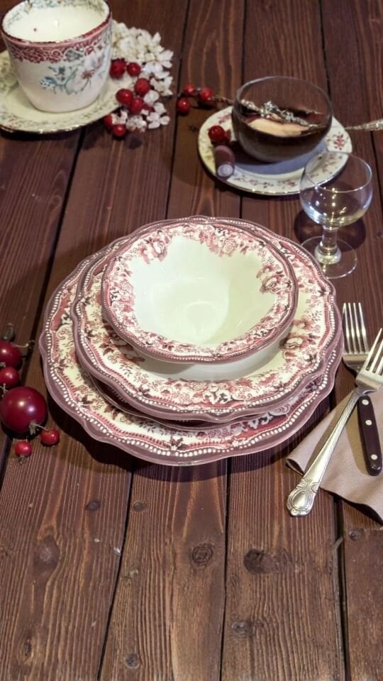 Velour Maroon Fulya Porselen Yemek Seti 24 parça