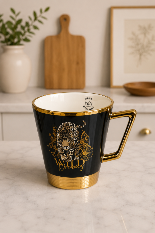 Leopar Desenli Gold Detaylı Porselen Kupa Bardak 220 ml