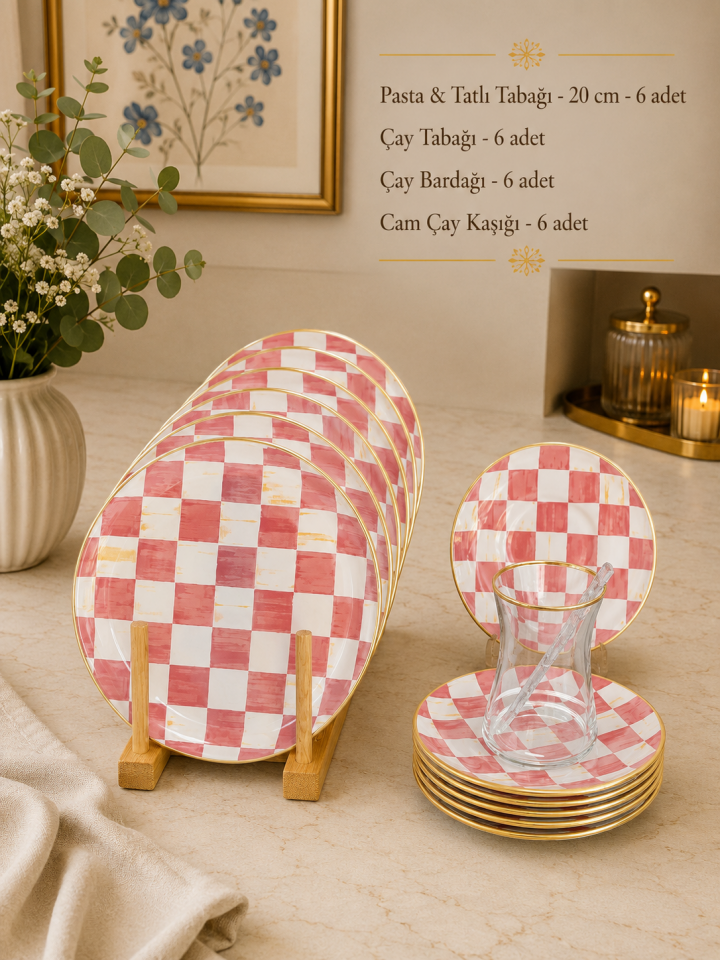 Bella Pink Gold Yaldızlı 24 Parça 6 Kişilik Cam Çay Seti