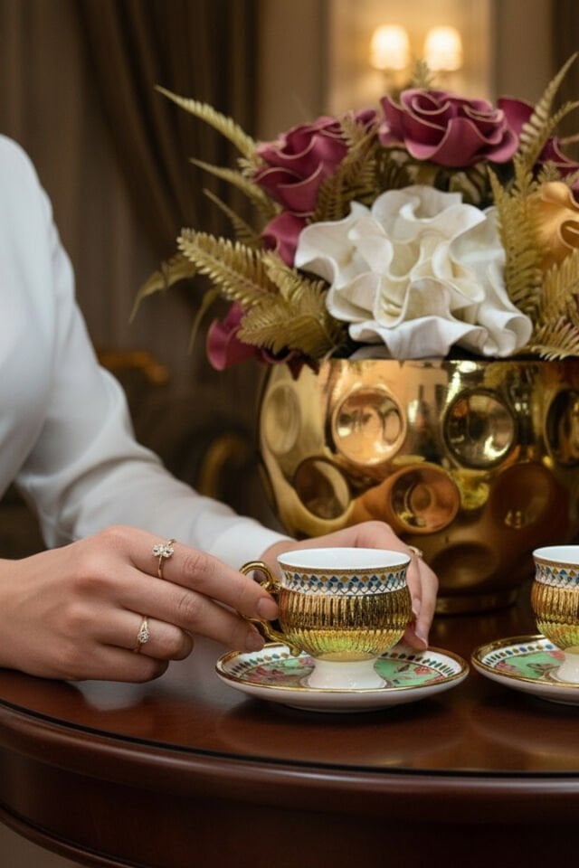 Etnik Gold Detaylı Ayaklı 6 Kişilik Kahve Fincan Takımı Yeşil