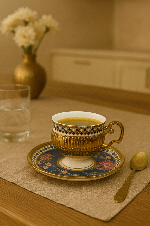 Etnik Gold Detaylı Ayaklı 6 Kişilik Kahve Fincan Takımı Navy