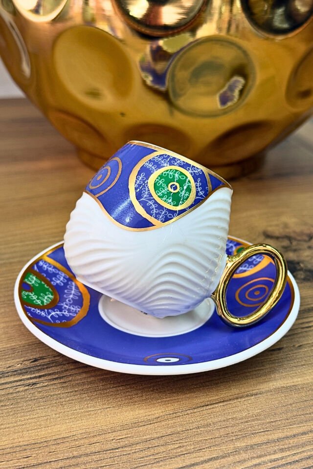Nazar Gold Kenarlı 6 Kişilik 90 ml Türk Kahvesi Fincan Takımı Mavi