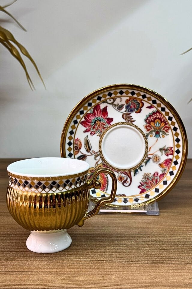 Etnik Gold Detaylı Ayaklı 6 Kişilik Kahve Fincan Takımı Ekru