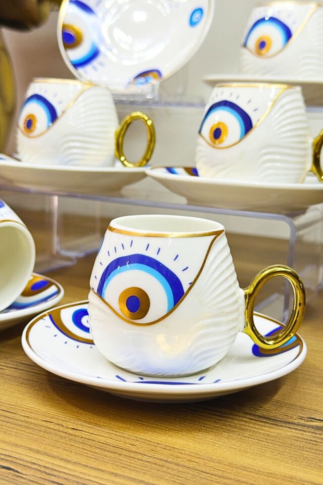 Nazar Gold Kenarlı 6 Kişilik 90 ml Türk Kahvesi Fincan Takımı Beyaz