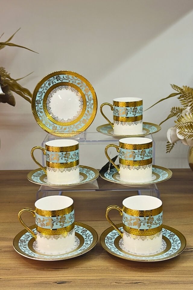 Olivette Gold İşlemeli Aqua Yeşili Kahve Fincanı Takımı